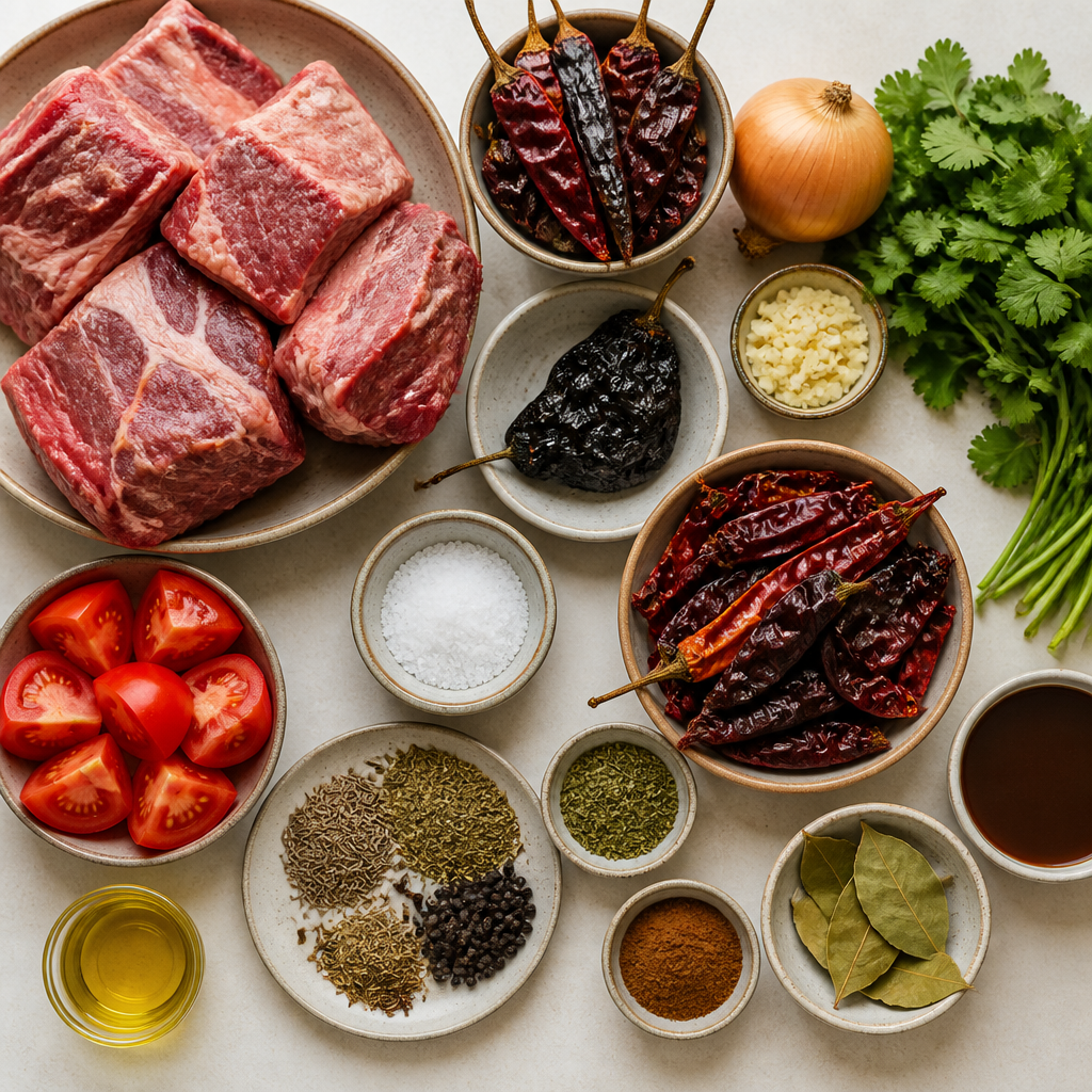 Overhead flat-lay of all ingredients for Slow-Cooked Beef Birria de Res laid out on a kitchen surface.