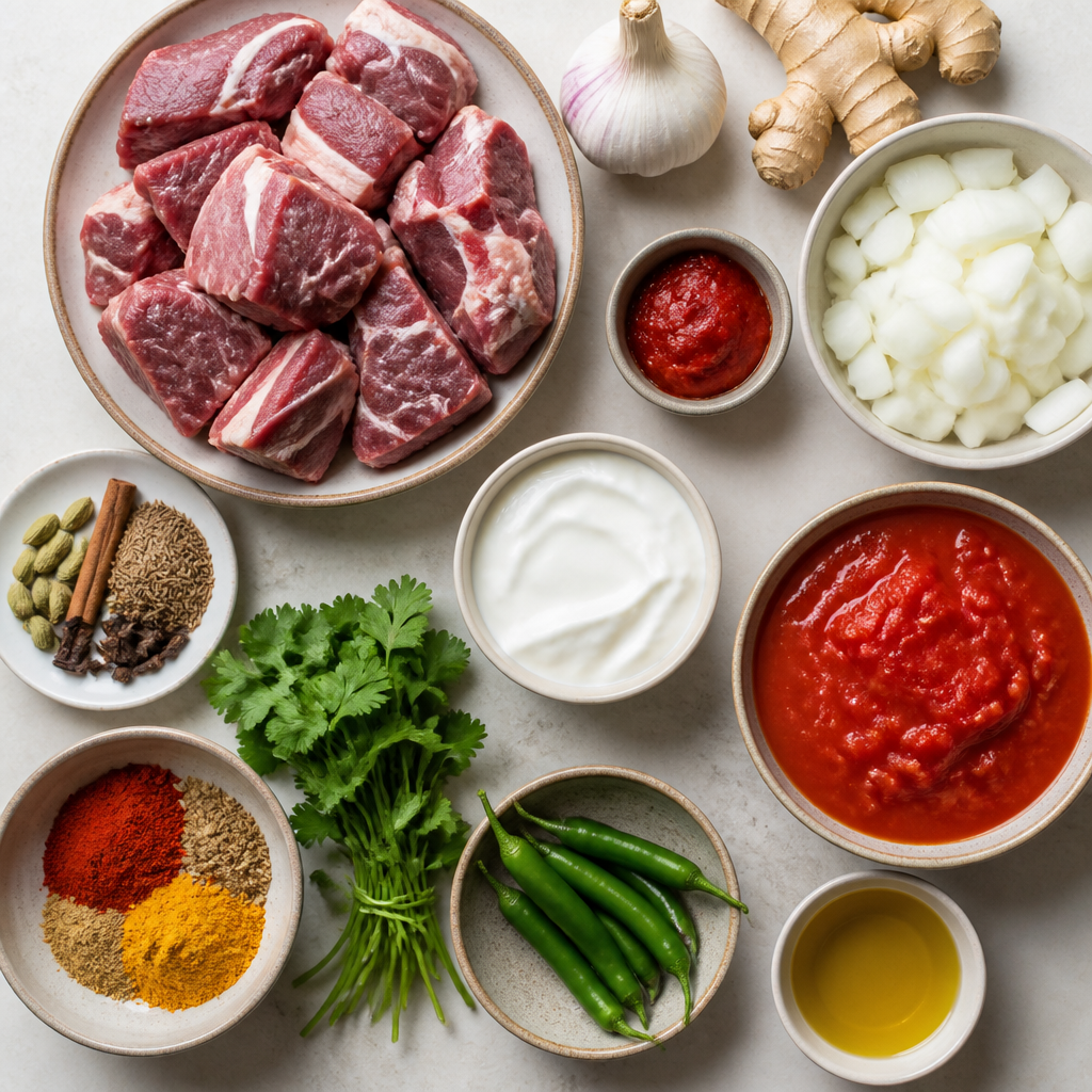 Overhead flat-lay of all ingredients for Slow-Roasted Lamb Rogan Josh laid out on a kitchen surface.