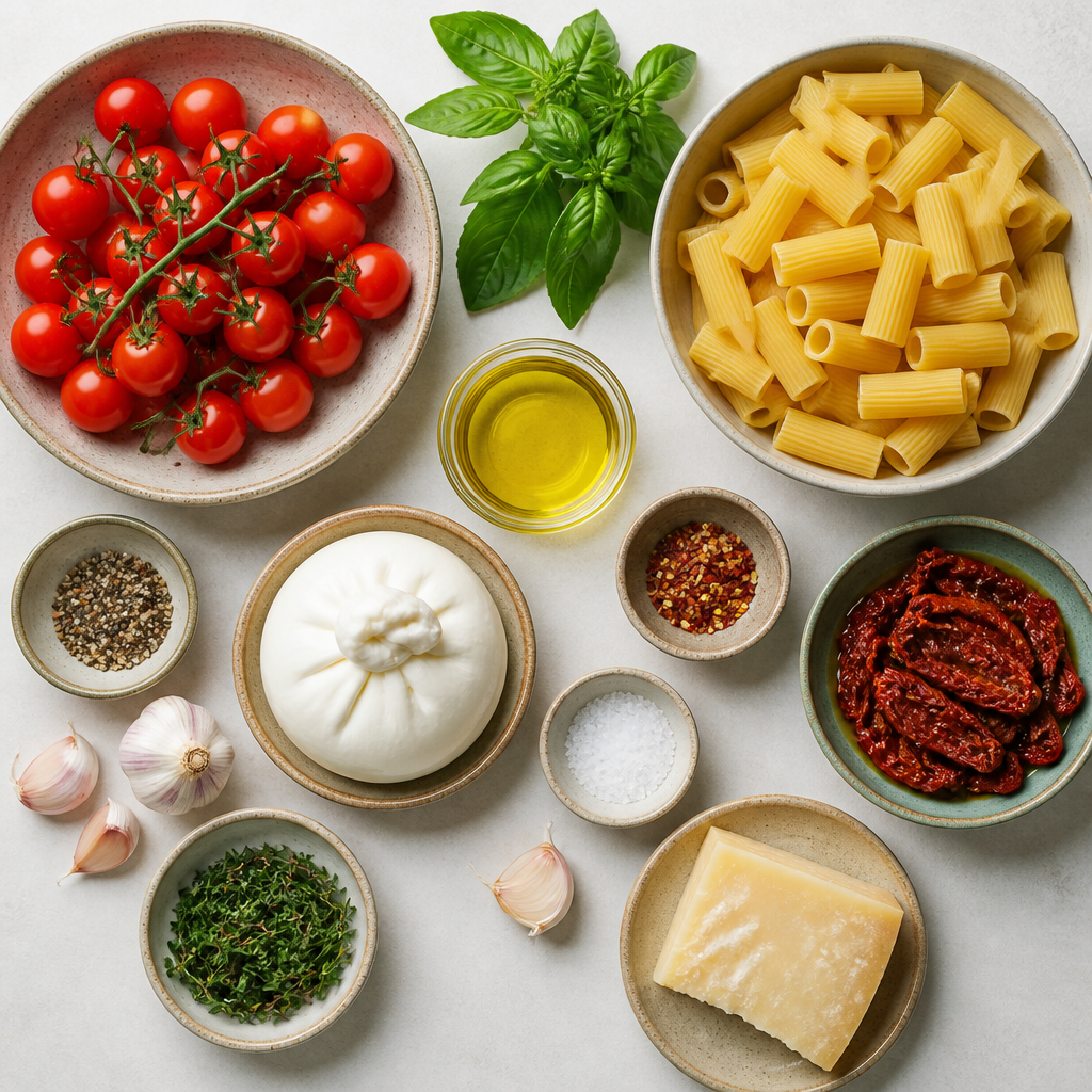 Overhead flat-lay of all ingredients for Slow-Roasted Tomato and Burrata Rigatoni laid out on a kitchen surface.