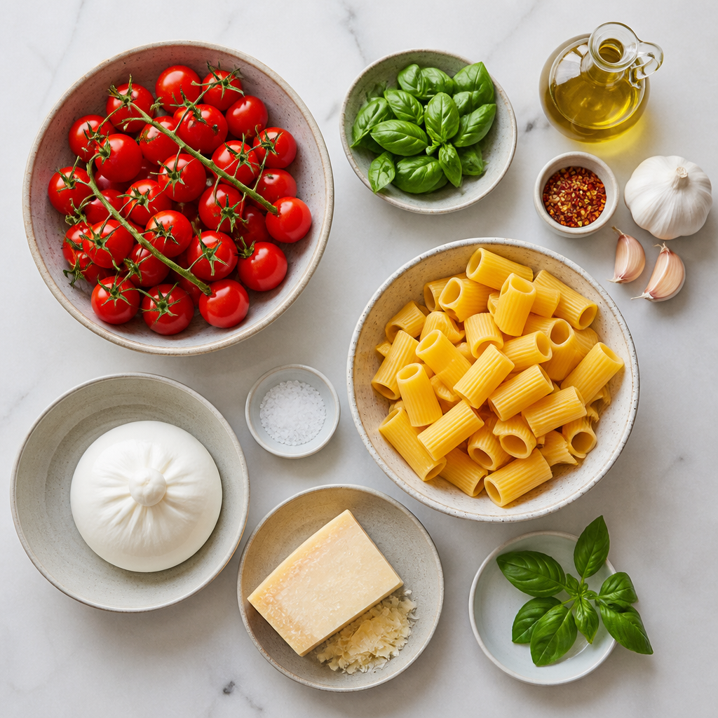 Overhead flat-lay of all ingredients for Slow-Roasted Tomato and Burrata Rigatoni laid out on a kitchen surface.