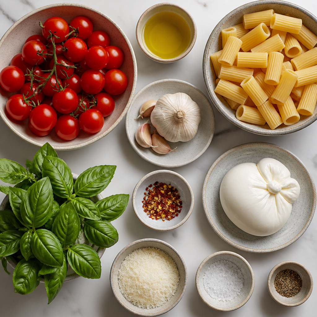 Overhead flat-lay of all ingredients for Slow-Roasted Tomato and Burrata Rigatoni laid out on a kitchen surface.