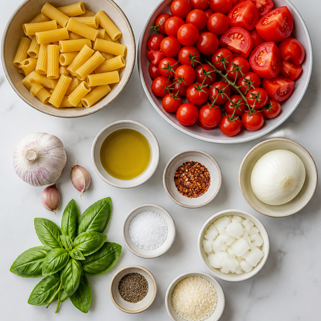 Overhead flat-lay of all ingredients for Slow-Roasted Tomato and Garlic Rigatoni laid out on a kitchen surface.