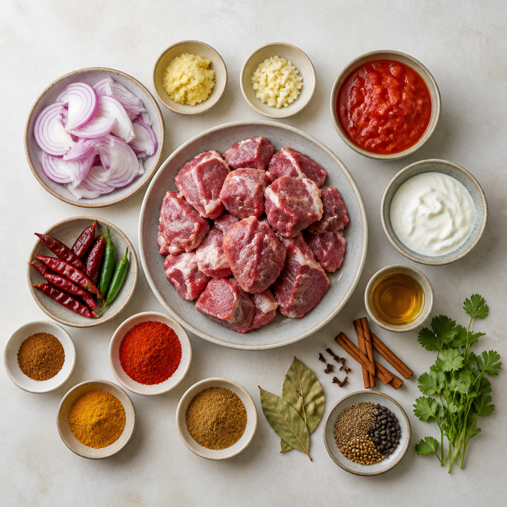 Overhead flat-lay of all ingredients for Slow-Simmered Lamb Rogan Josh laid out on a kitchen surface.