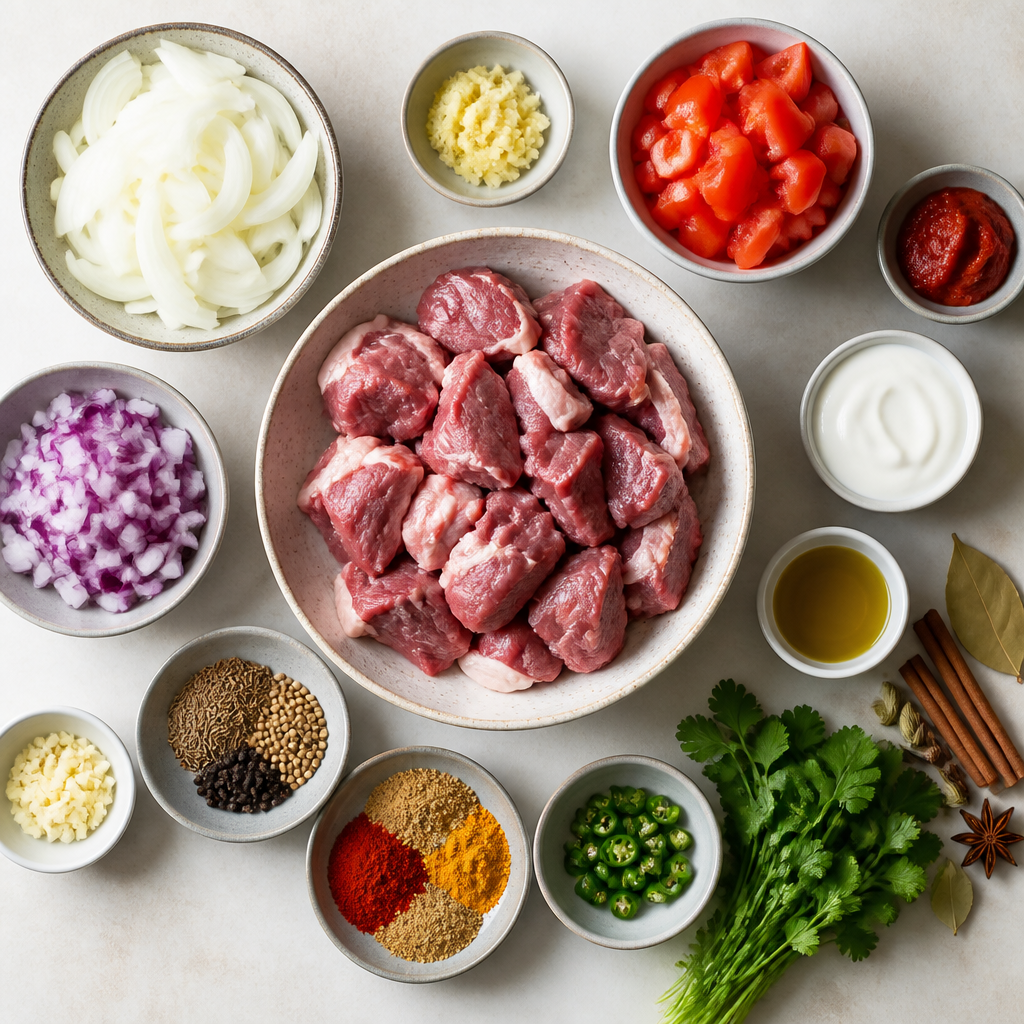 Overhead flat-lay of all ingredients for Slow-Simmered Lamb Rogan Josh laid out on a kitchen surface.