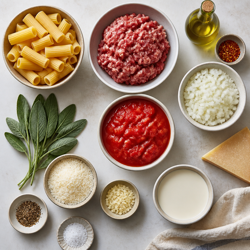 Overhead flat-lay of all ingredients for Slow-Simmered Tuscan Sausage and Sage Rigatoni laid out on a kitchen surface.