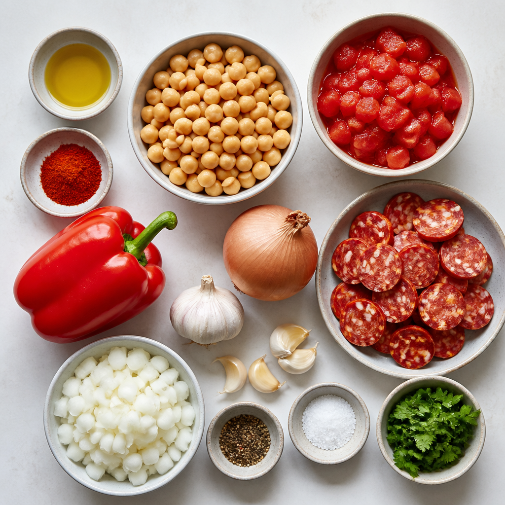 Overhead flat-lay of all ingredients for Smoked Paprika Chickpea and Chorizo Stew laid out on a kitchen surface.