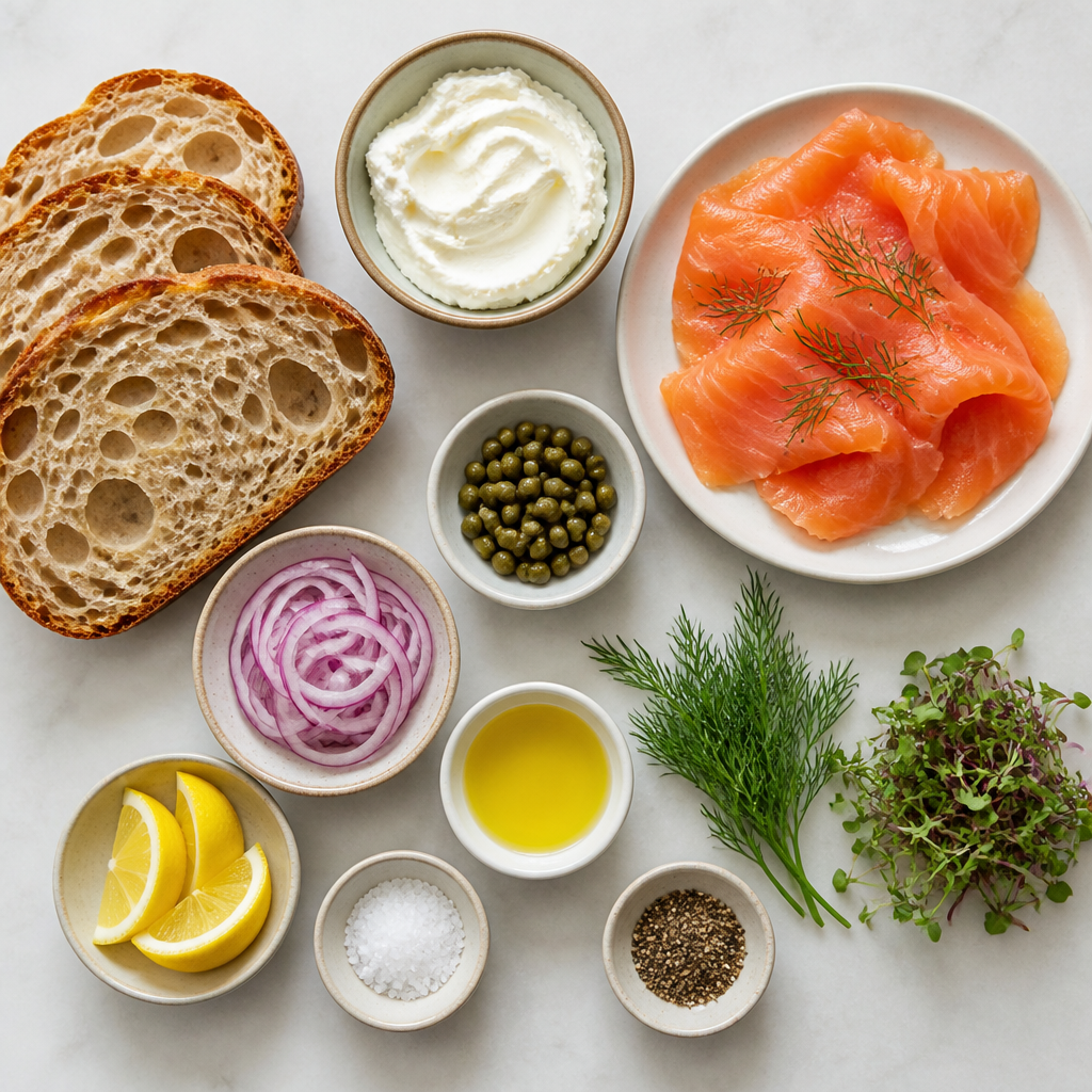 Overhead flat-lay of all ingredients for Smoked Salmon & Whipped Goat Cheese Tartine laid out on a kitchen surface.