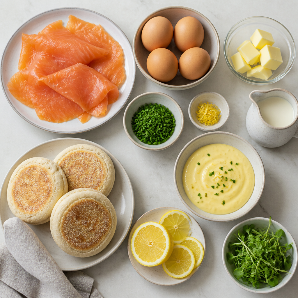 Overhead flat-lay of all ingredients for Smoked Salmon Eggs Benedict with Lemon-Chive Hollandaise laid out on a kitchen surface.