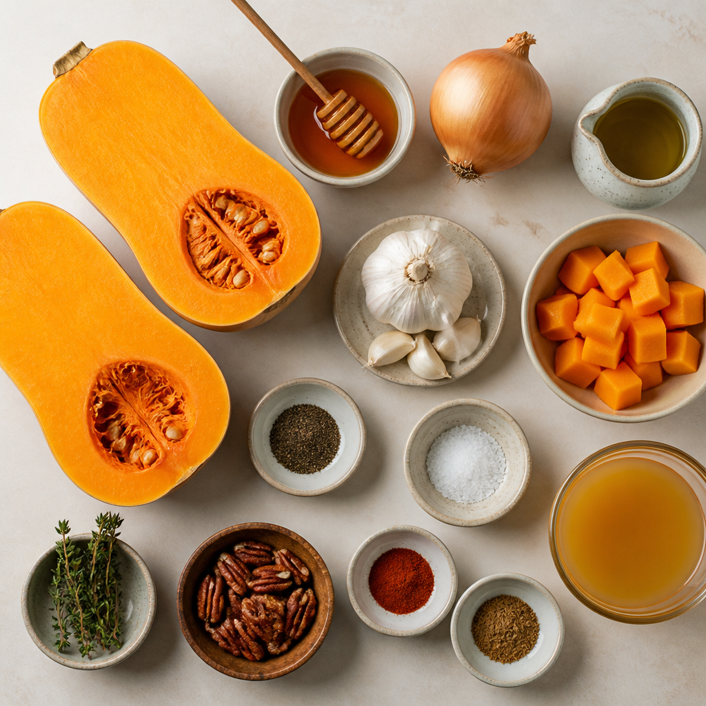Overhead flat-lay of all ingredients for Smoky Honey-Roasted Butternut Squash Soup laid out on a kitchen surface.
