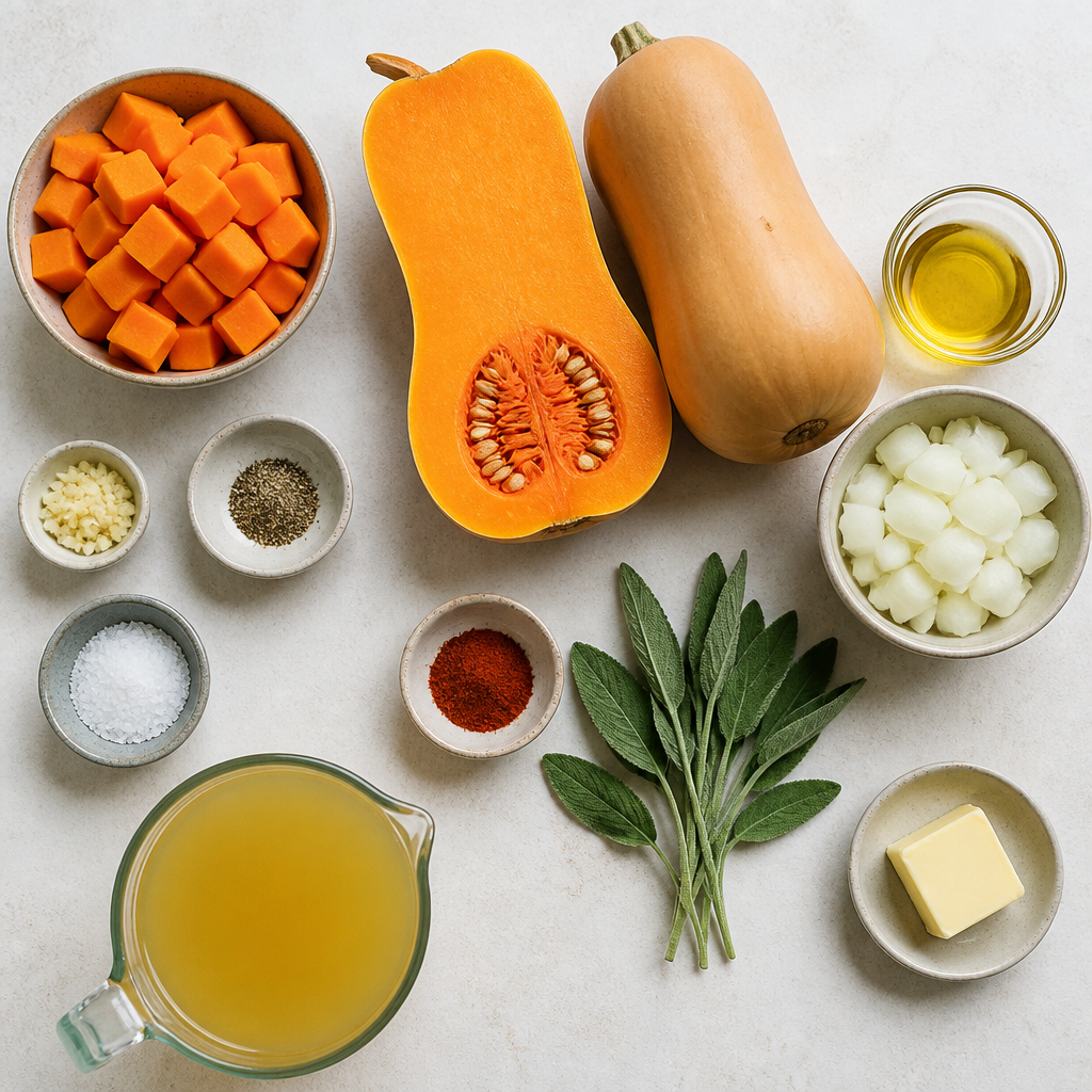 Overhead flat-lay of all ingredients for Smoky Roasted Butternut Squash and Sage Soup laid out on a kitchen surface.