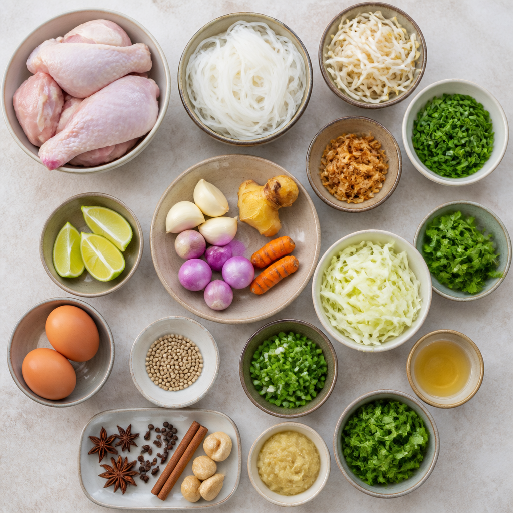 Overhead flat-lay of all ingredients for Soto Ayam Recipe: Authentic Indonesian Chicken Noodle Soup laid out on a kitchen surface.