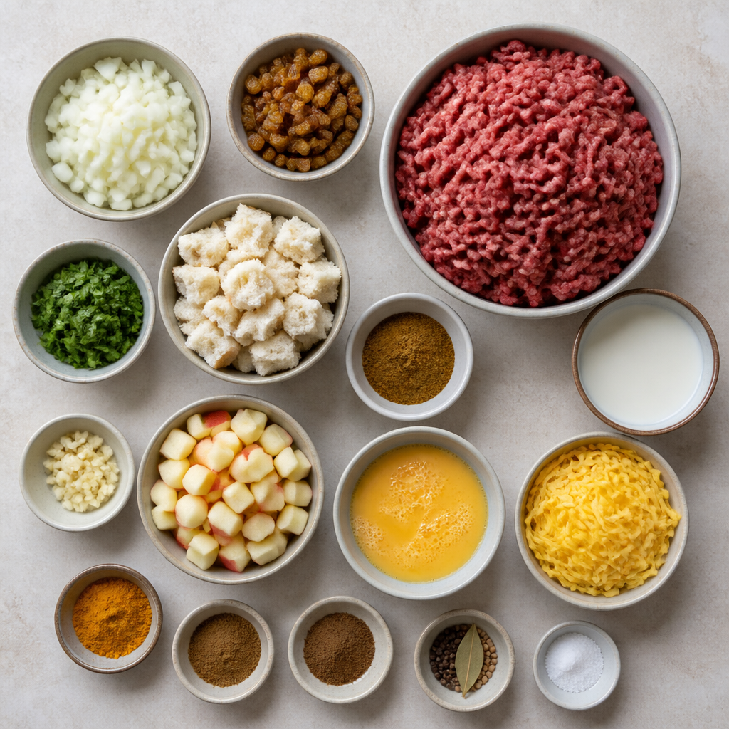 Overhead flat-lay of all ingredients for South African Bobotie Recipe with Curried Minced Meat laid out on a kitchen surface.