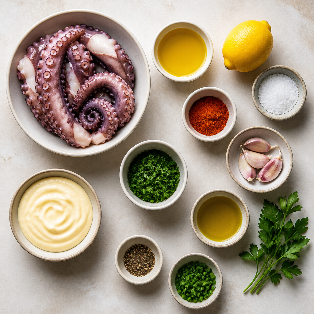 Overhead flat-lay of all ingredients for Spanish Grilled Octopus Recipe with Garlic Aioli laid out on a kitchen surface.
