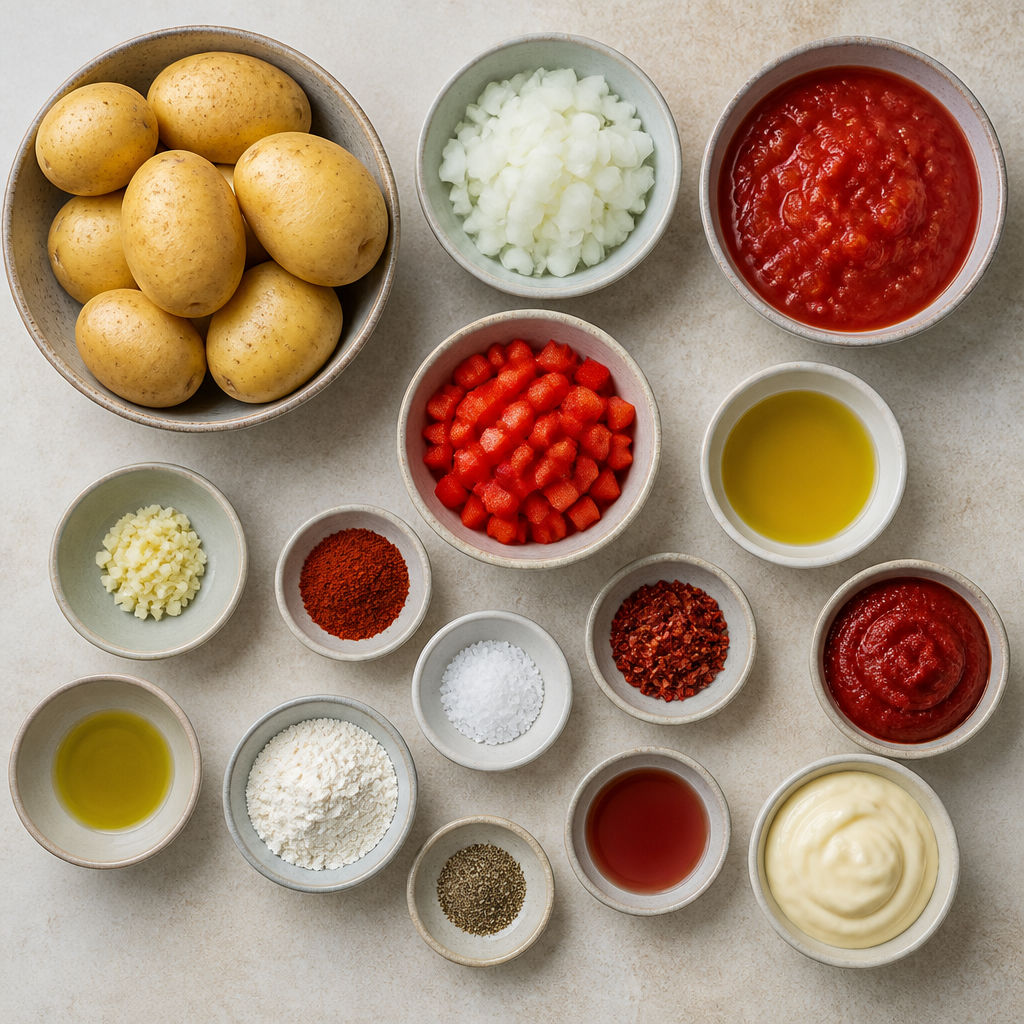 Overhead flat-lay of all ingredients for Spanish Patatas Bravas Recipe with Smoky Tomato Sauce laid out on a kitchen surface.