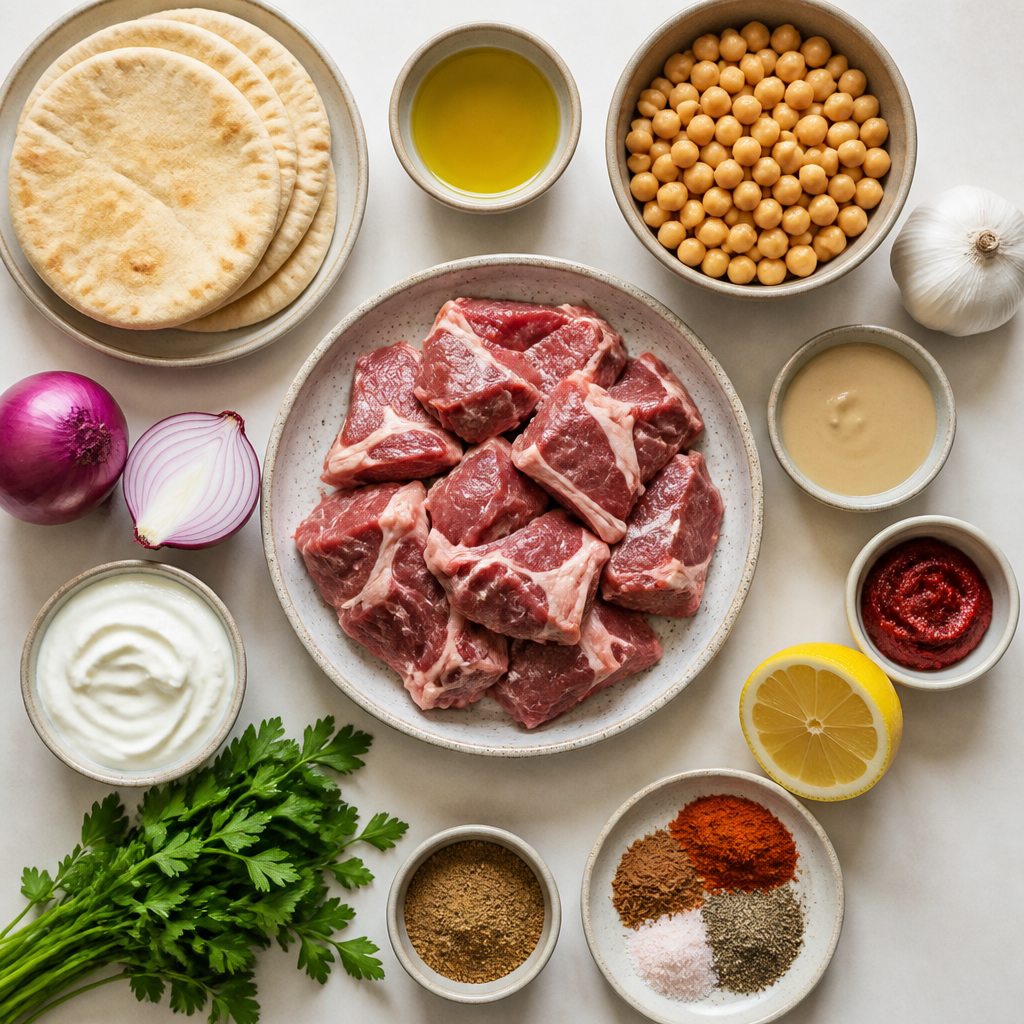 Overhead flat-lay of all ingredients for Spiced Lamb Hummus Kawarma laid out on a kitchen surface.
