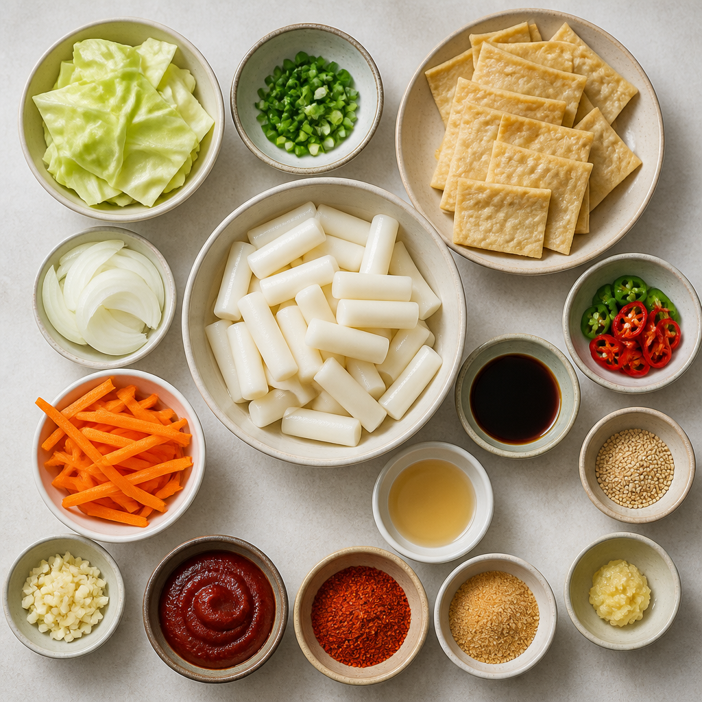 Overhead flat-lay of all ingredients for Spicy Korean Rice Cakes (Tteokbokki) with Savory Fish Cakes laid out on a kitchen surface.