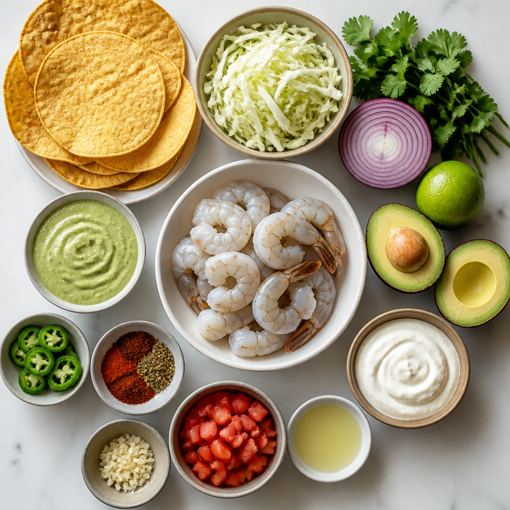 Overhead flat-lay of all ingredients for Spicy Shrimp Tostadas with Avocado Crema laid out on a kitchen surface.