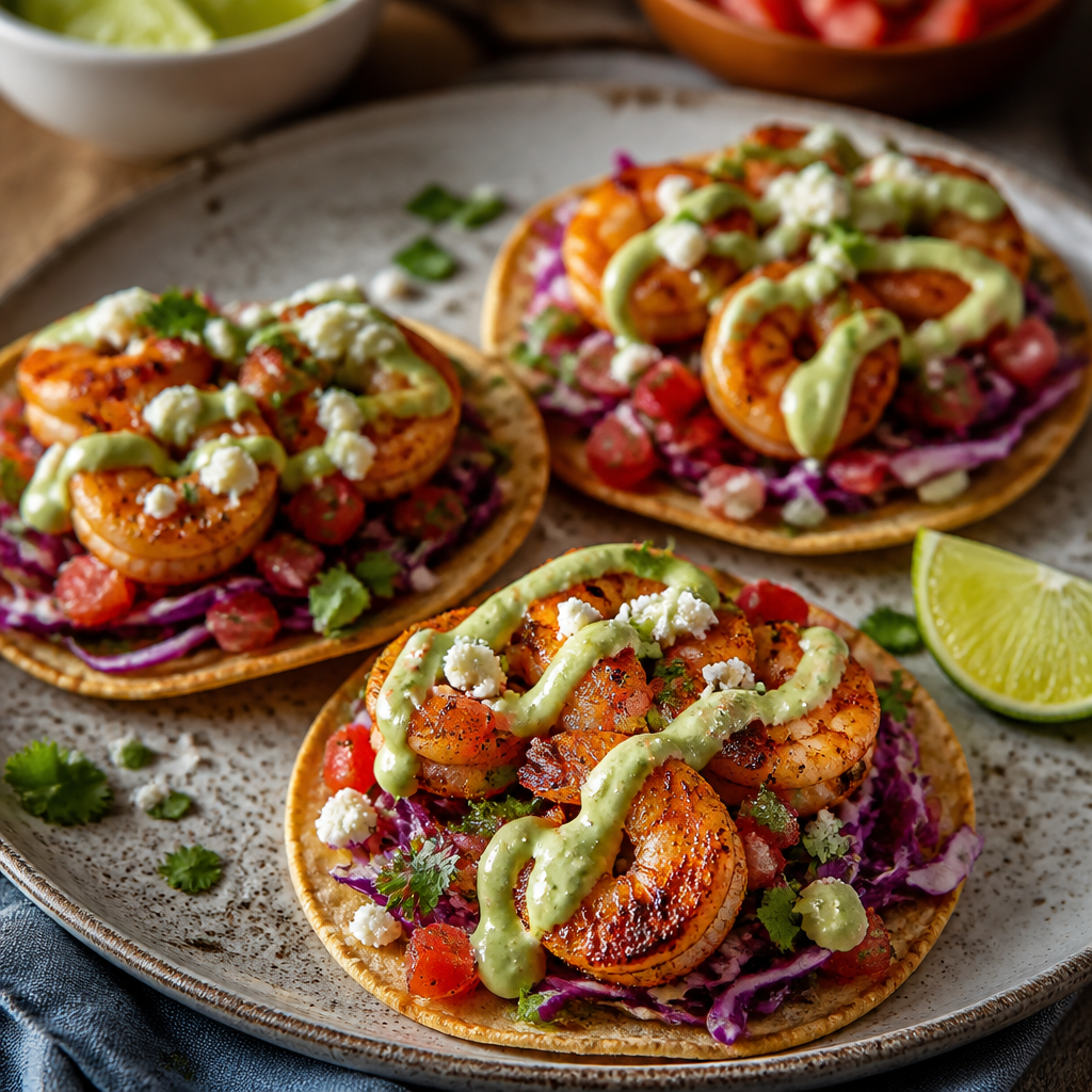 Spicy Shrimp Tostadas with Avocado Crema