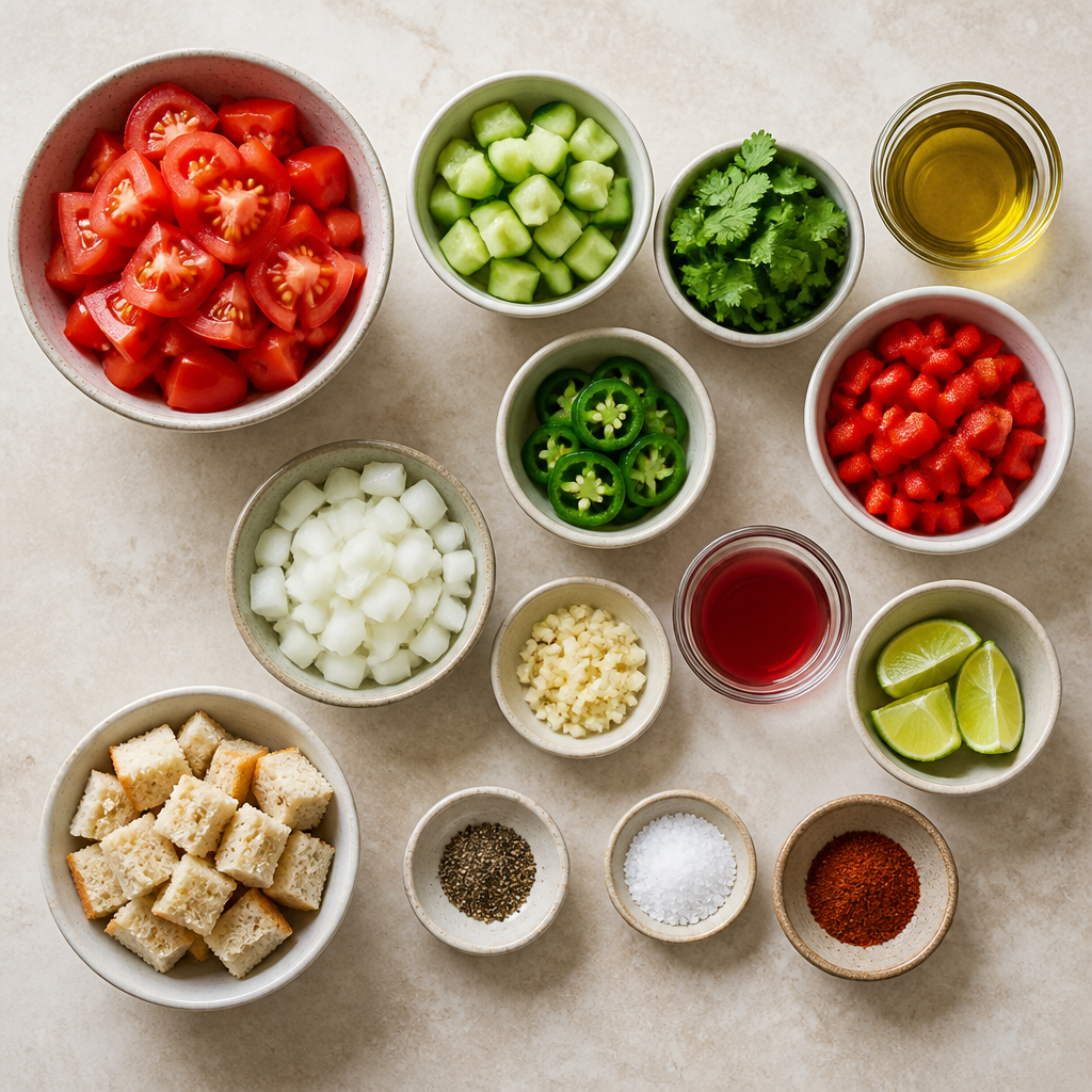 Overhead flat-lay of all ingredients for spicy spanish gazpacho with jalapeño and cilantro laid out on a kitchen surface.