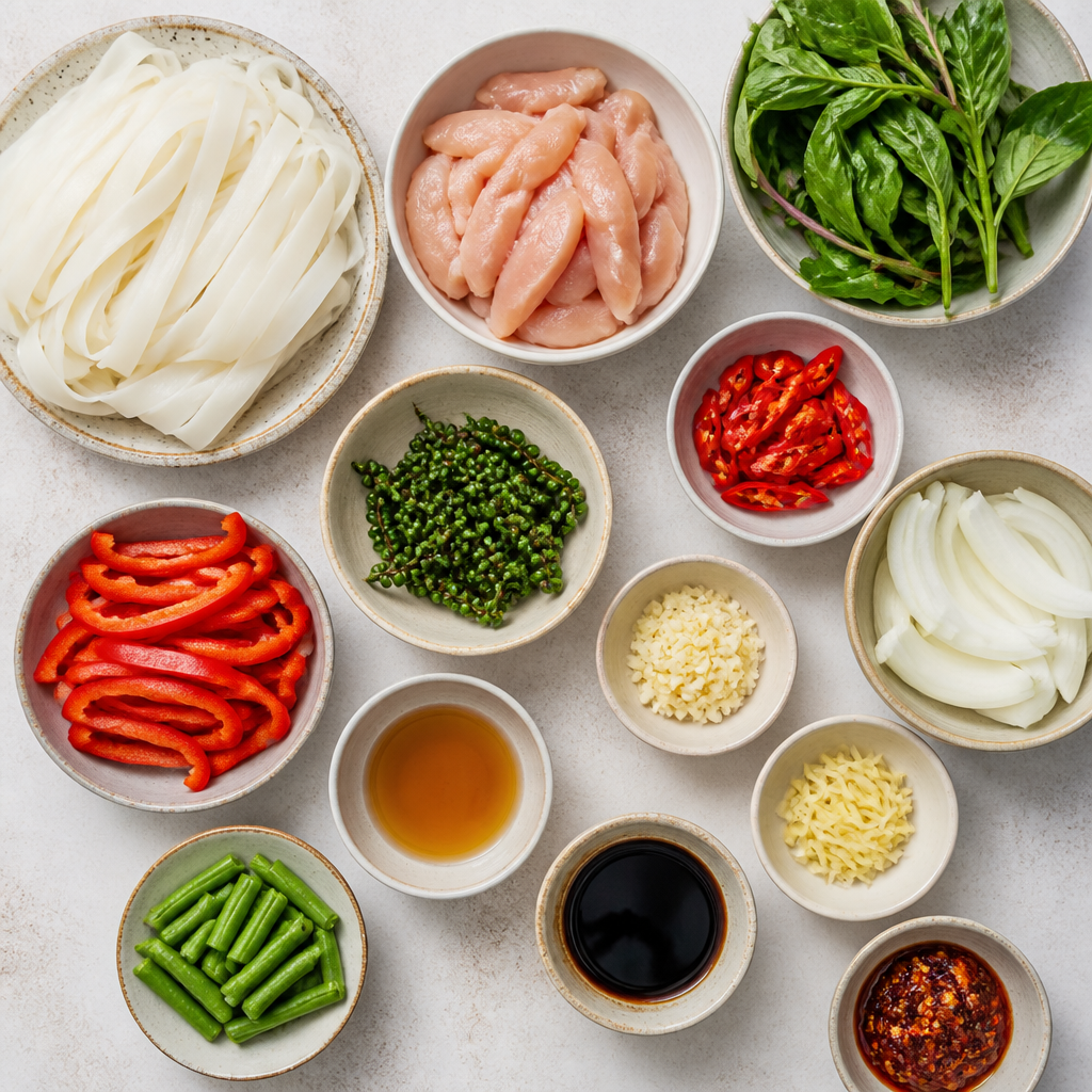 Overhead flat-lay of all ingredients for Spicy Thai Drunken Noodles laid out on a kitchen surface.