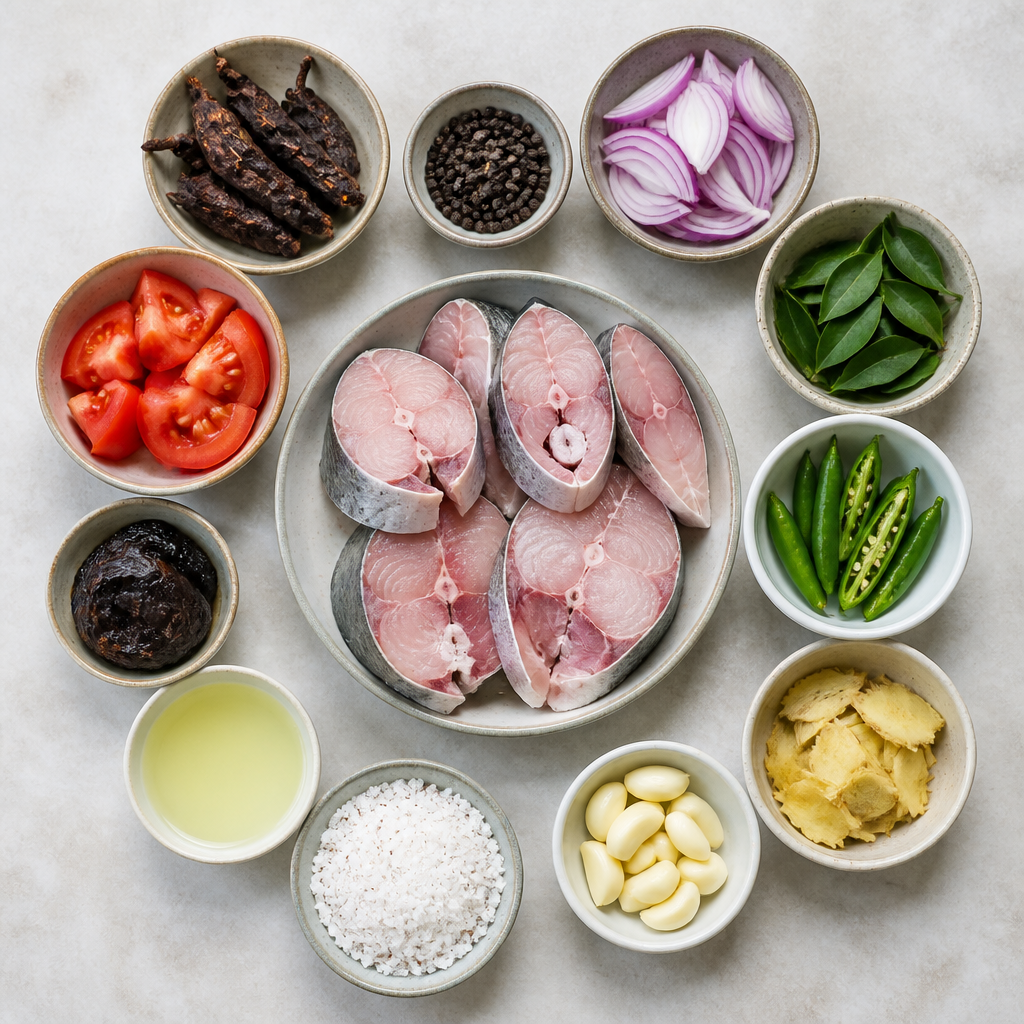 Overhead flat-lay of all ingredients for Sri Lankan Fish Ambul Thiyal with Sour Goraka and Pepper laid out on a kitchen surface.