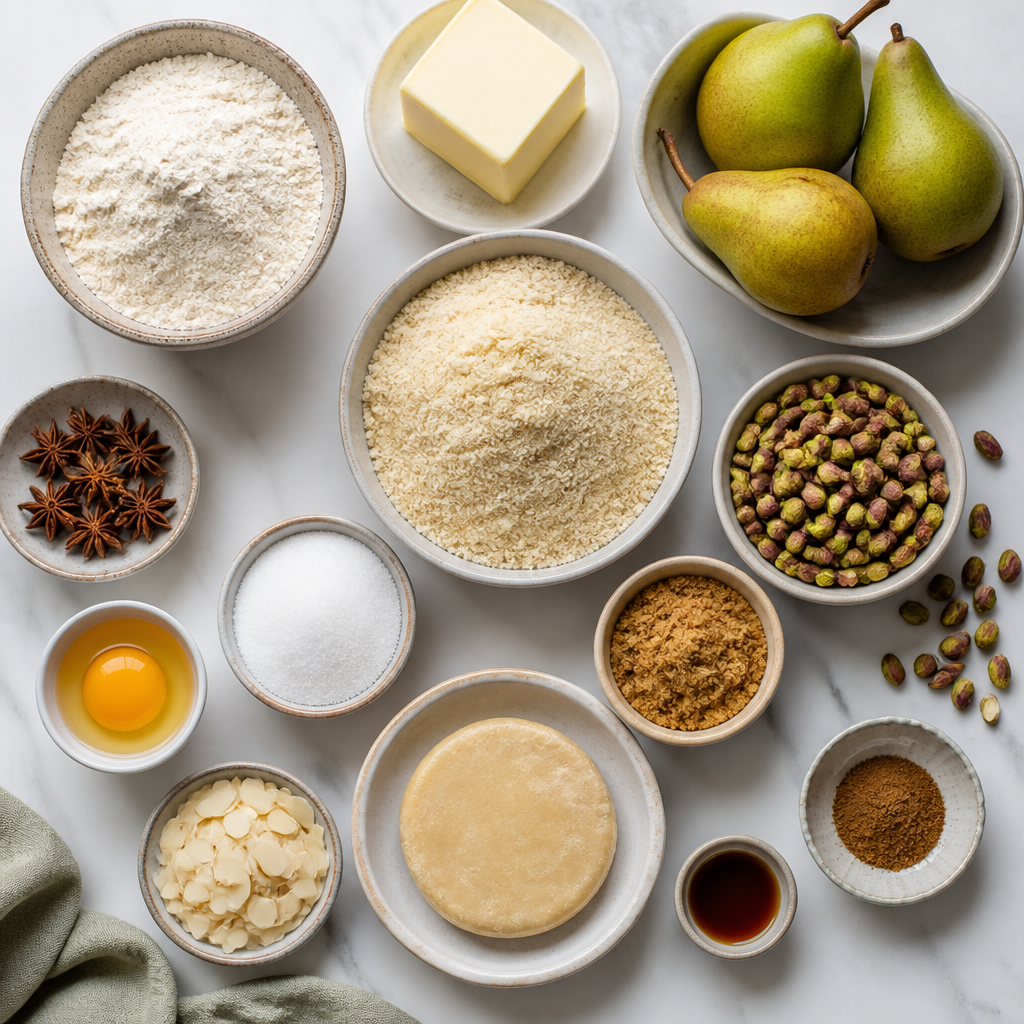 Overhead flat-lay of all ingredients for Star Anise Spiced Pear and Pistachio Frangipane Galette laid out on a kitchen surface.