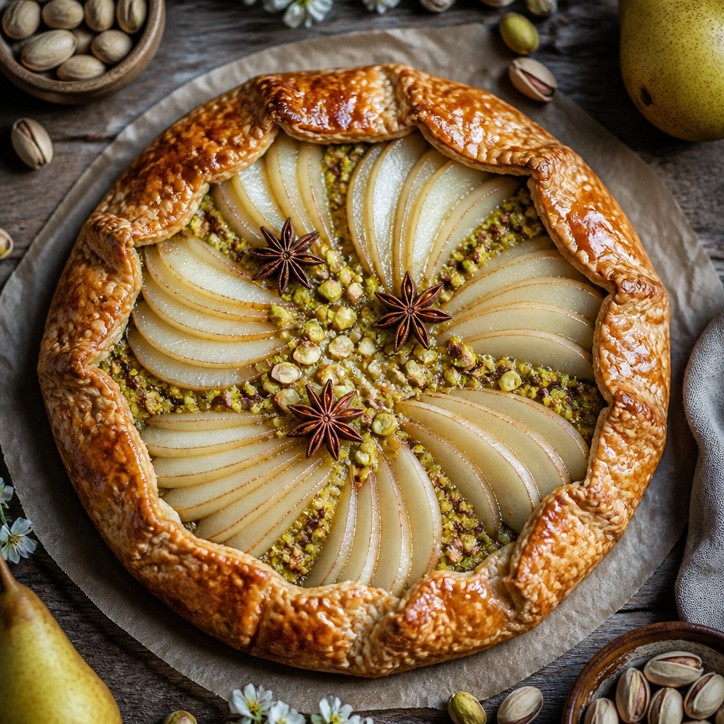 Star Anise Spiced Pear and Pistachio Frangipane Galette