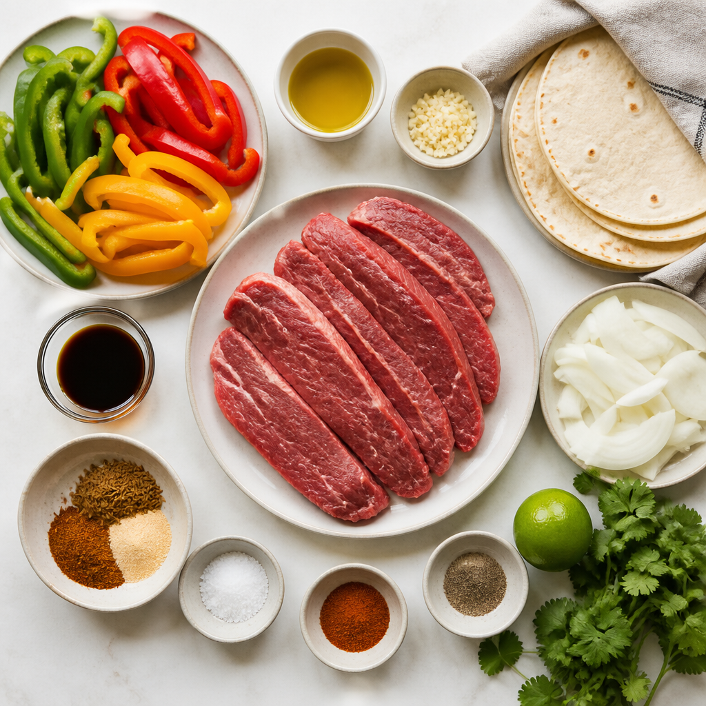 Overhead flat-lay of all ingredients for Steak Fajitas With Charred Peppers And Onions laid out on a kitchen surface.