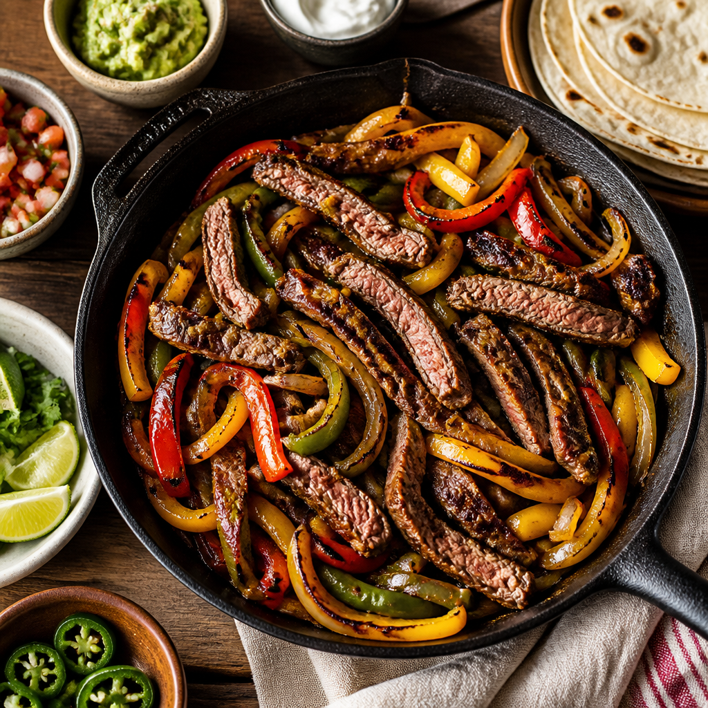 Steak Fajitas With Charred Peppers And Onions — Tex-Mex Dinner served and photographed from above