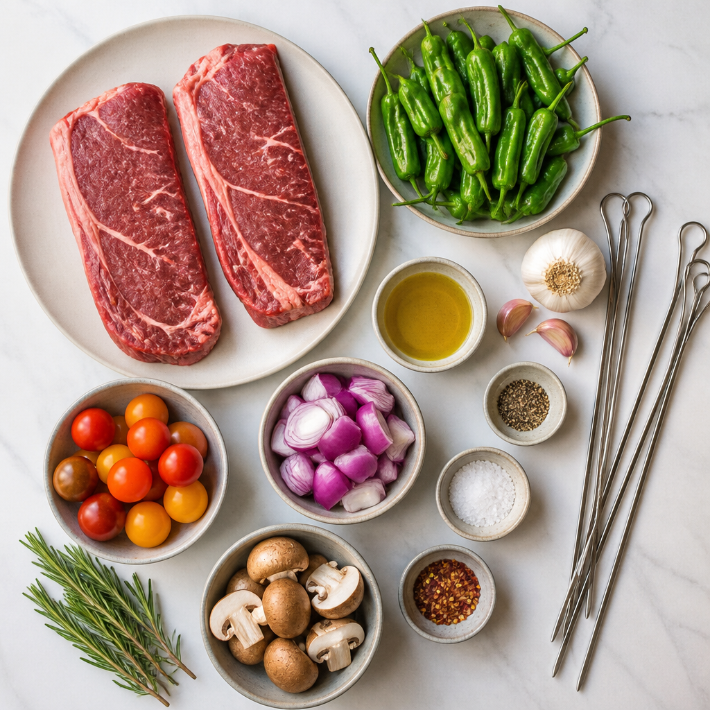 Overhead flat-lay of all ingredients for Steak Kebab With Blistered Shishito Peppers laid out on a kitchen surface.