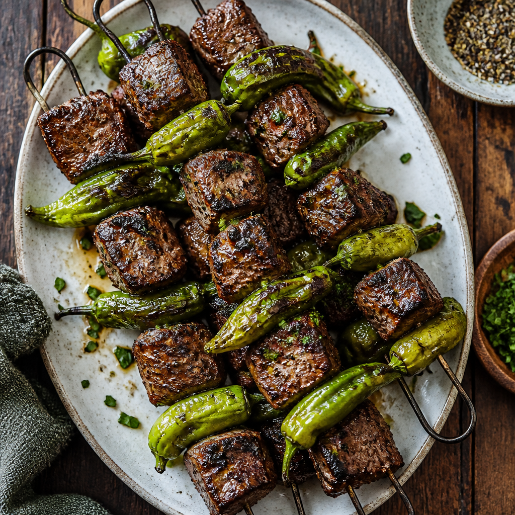 Steak Kebab With Blistered Shishito Peppers — American Dinner served and photographed from above