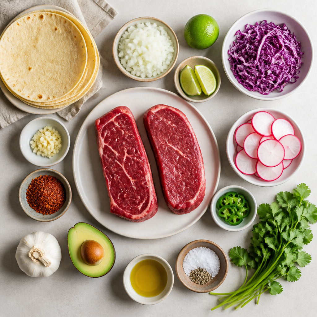 Overhead flat-lay of all ingredients for Steak Tacos With Spicy Radish Slaw laid out on a kitchen surface.