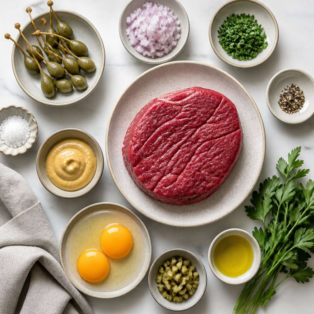 Overhead flat-lay of all ingredients for Steak Tartare With Dijon And Caperberries laid out on a kitchen surface.