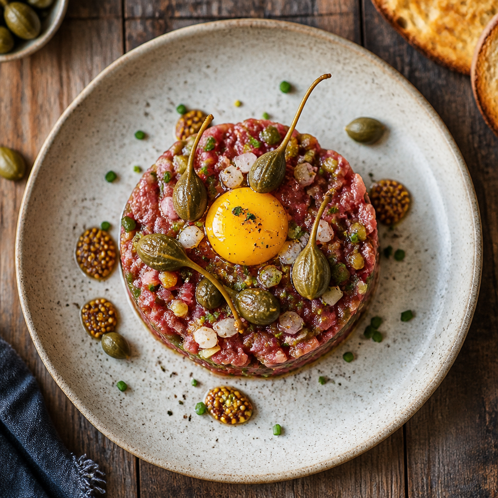 Steak Tartare With Dijon And Caperberries — French Appetizer served and photographed from above
