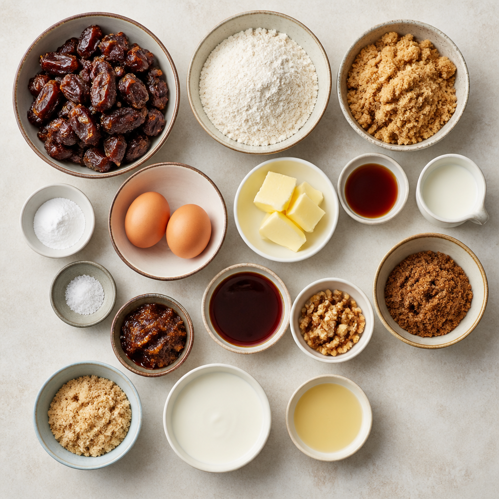 Overhead flat-lay of all ingredients for Sticky Toffee Pudding Recipe with Date Cake and Toffee Sauce laid out on a kitchen surface.