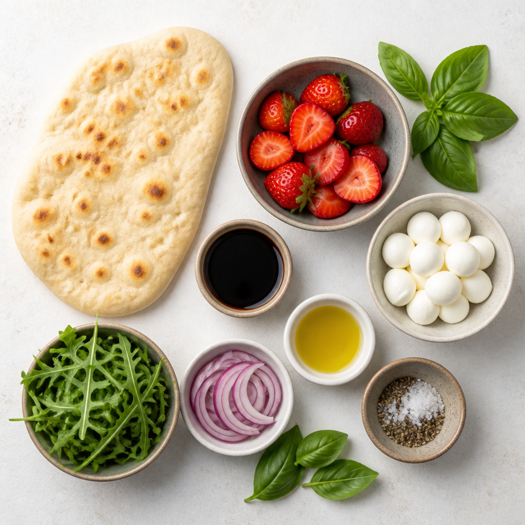 Overhead flat-lay of all ingredients for Strawberry Balsamic Basil Flatbread laid out on a kitchen surface.