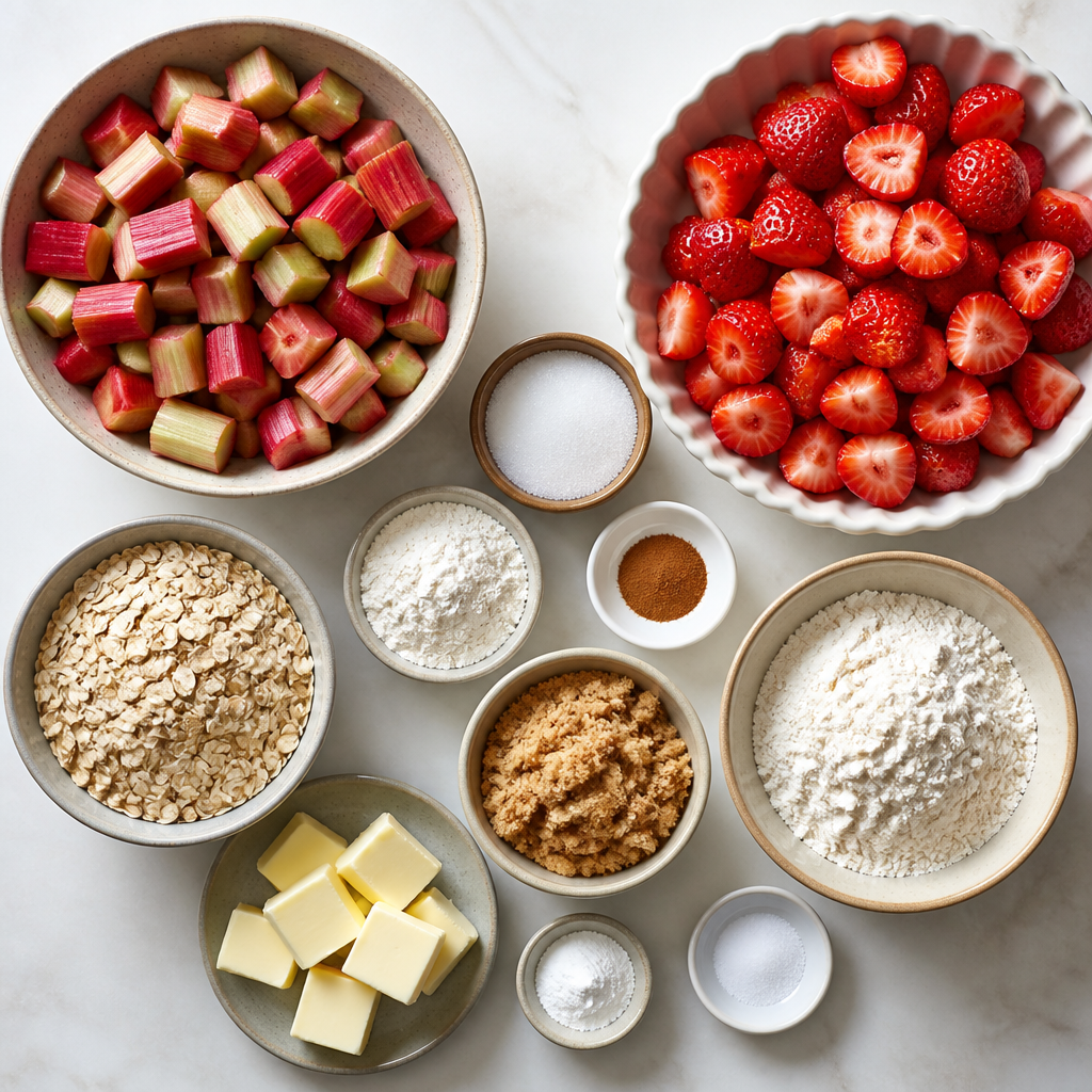Overhead flat-lay of all ingredients for Strawberry Rhubarb Crisp With Oat Crumble laid out on a kitchen surface.