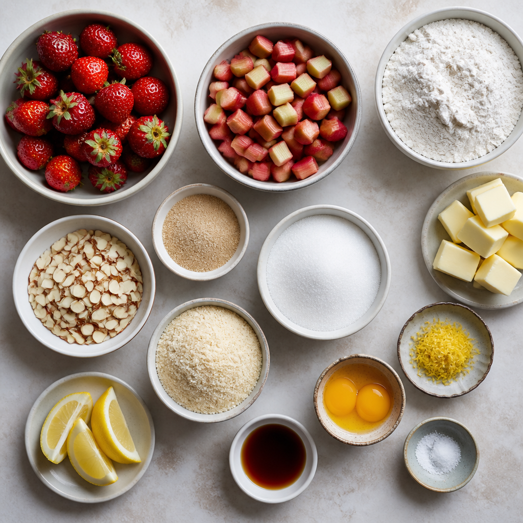Overhead flat-lay of all ingredients for strawberry rhubarb tart with a buttery almond crust laid out on a kitchen surface.
