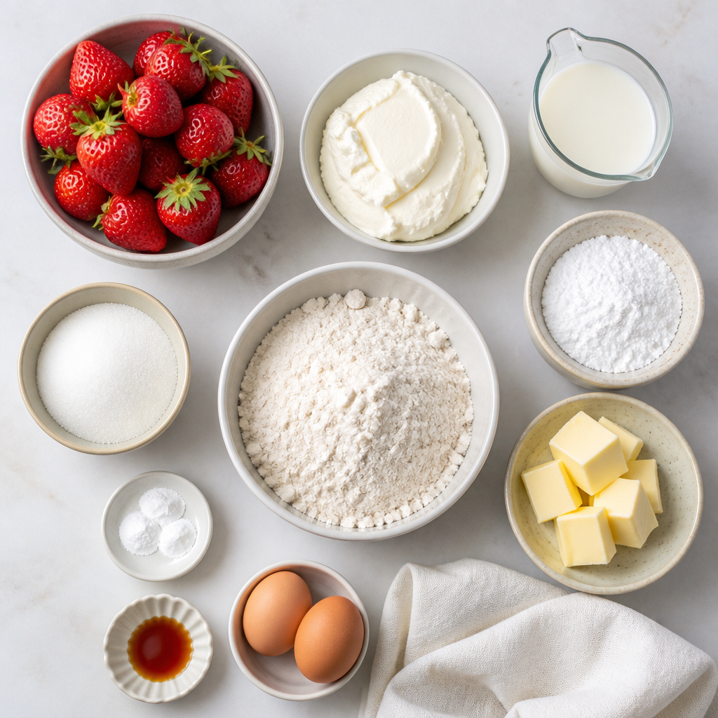 Overhead flat-lay of all ingredients for Strawberry Shortcake With Whipped Mascarpone laid out on a kitchen surface.
