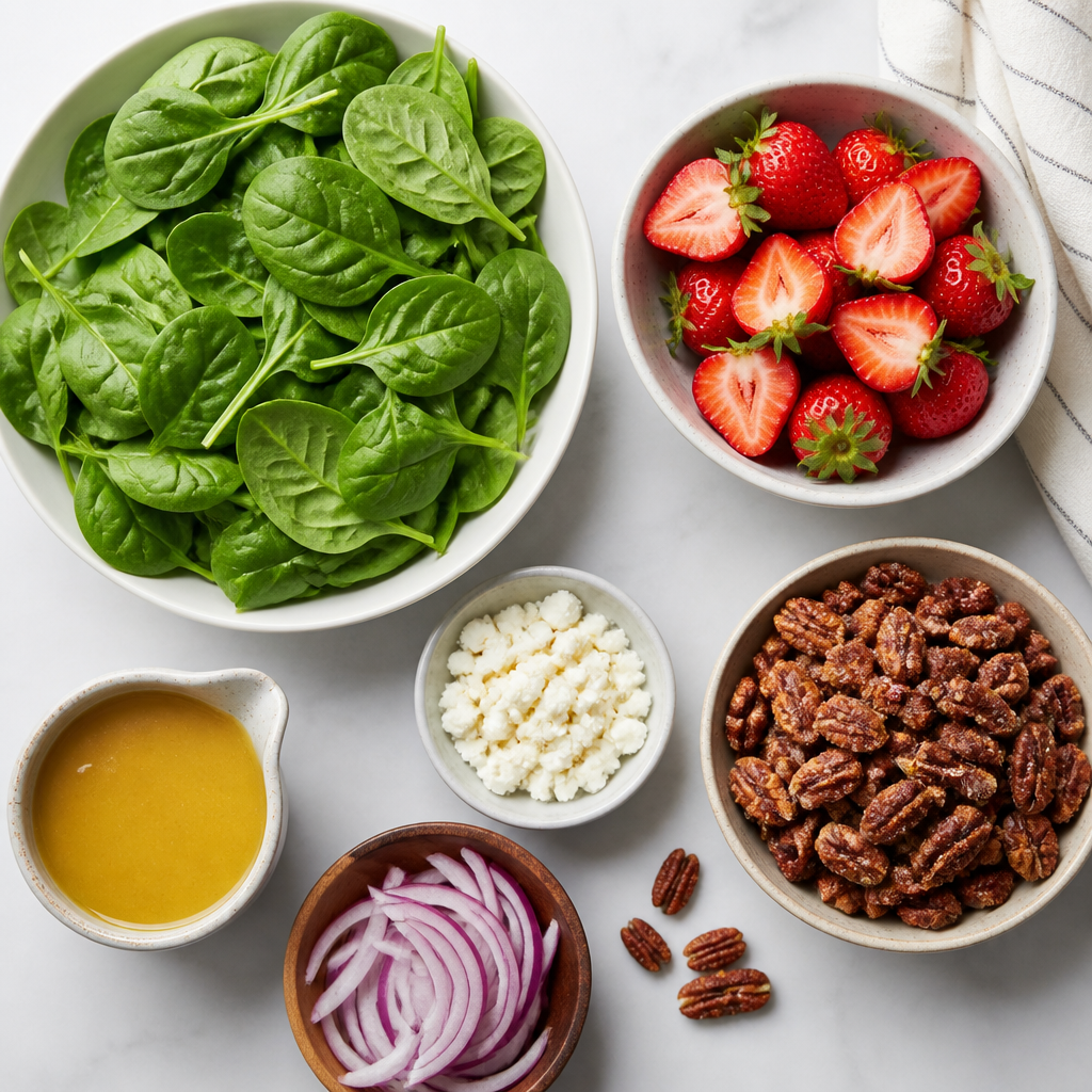 Overhead flat-lay of all ingredients for Strawberry Spinach Salad With Candied Pecans laid out on a kitchen surface.