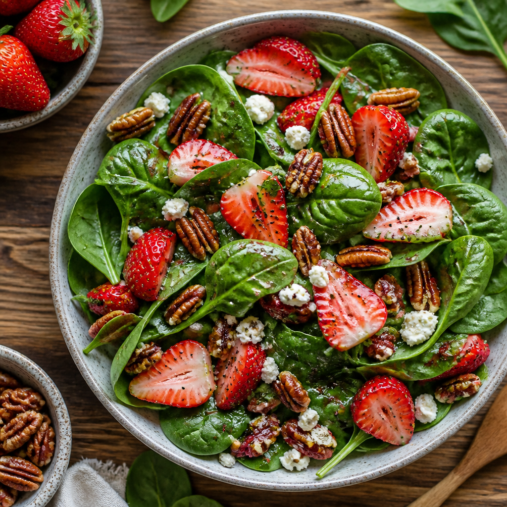 Strawberry Spinach Salad With Candied Pecans — American Salad served and photographed from above