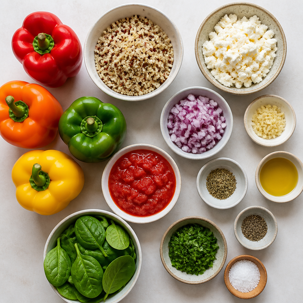 Overhead flat-lay of all ingredients for Stuffed Bell Peppers With Quinoa And Feta laid out on a kitchen surface.