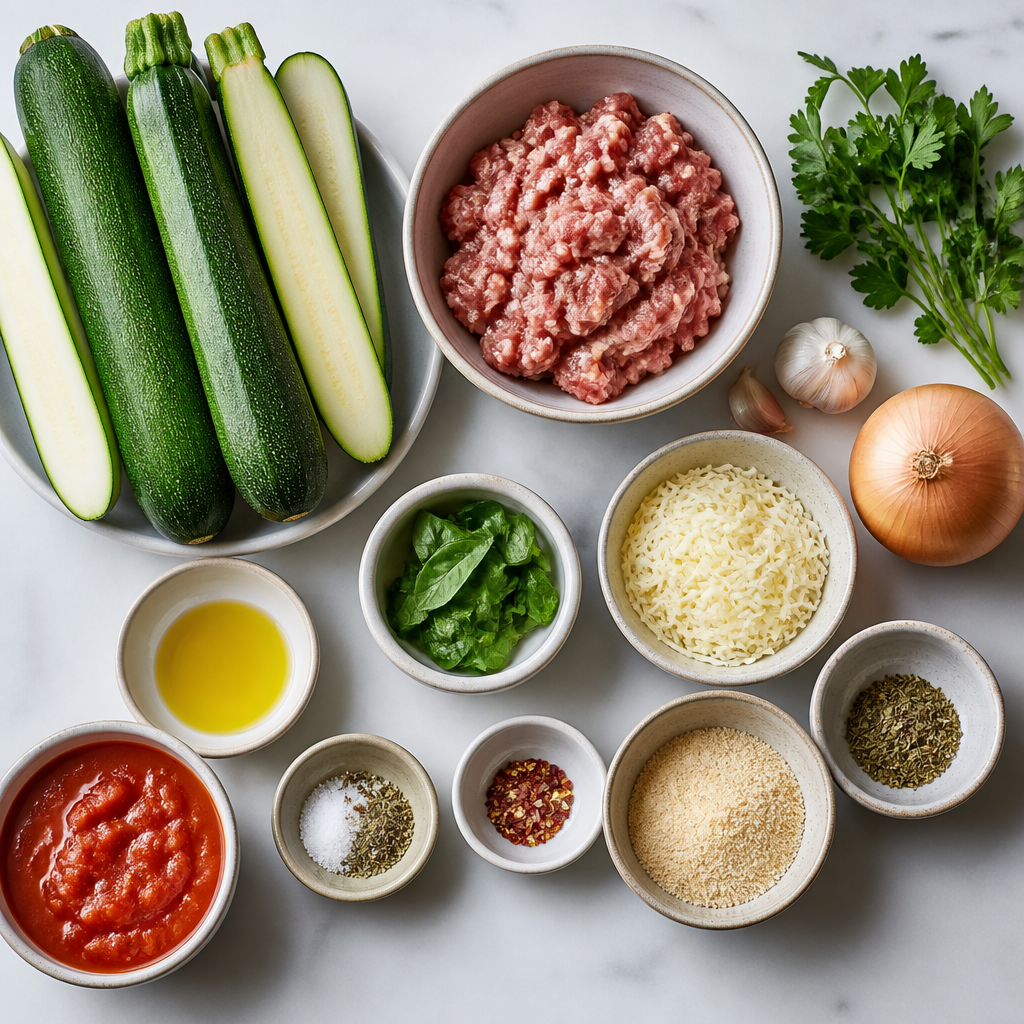 Overhead flat-lay of all ingredients for Stuffed Zucchini With Italian Sausage Filling laid out on a kitchen surface.