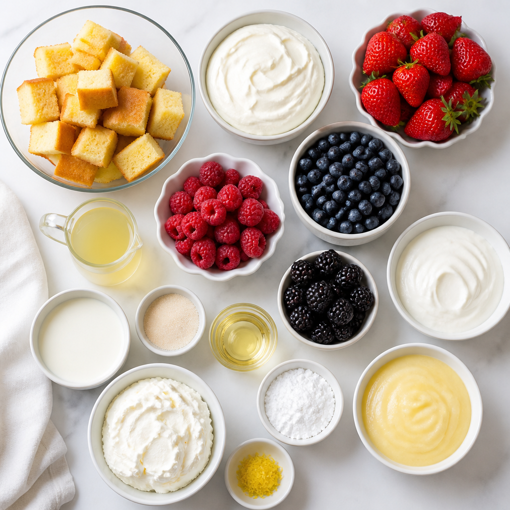 Overhead flat-lay of all ingredients for Summer Berry Trifle With Limoncello Cream laid out on a kitchen surface.