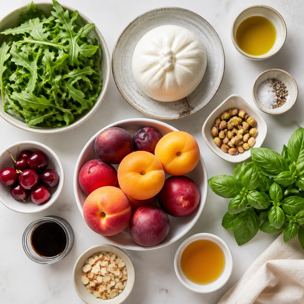 Overhead flat-lay of all ingredients for Summer Burrata and Stone Fruit Harvest Salad laid out on a kitchen surface.