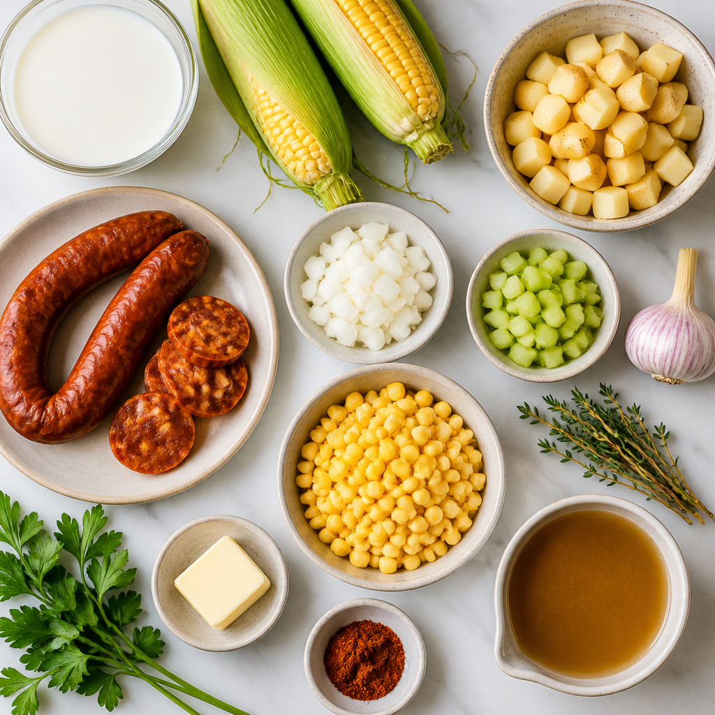 Overhead flat-lay of all ingredients for Summer Corn and Chorizo Chowder laid out on a kitchen surface.