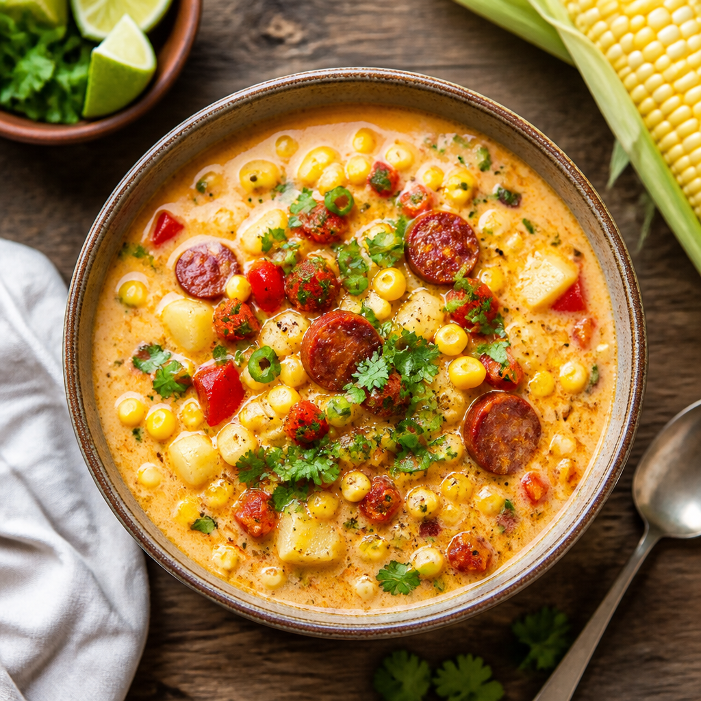 Summer Corn and Chorizo Chowder — American Soup served and photographed from above