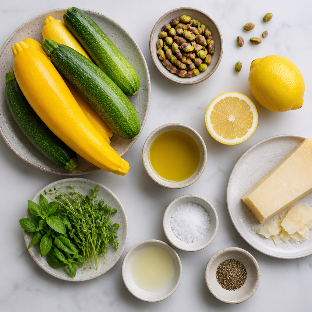 Overhead flat-lay of all ingredients for Summer Squash Carpaccio with Lemon and Pistachios laid out on a kitchen surface.
