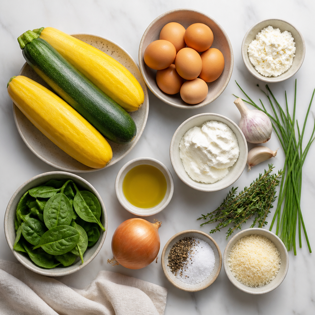 Overhead flat-lay of all ingredients for Summer Squash Frittata With Whipped Goat Cheese laid out on a kitchen surface.