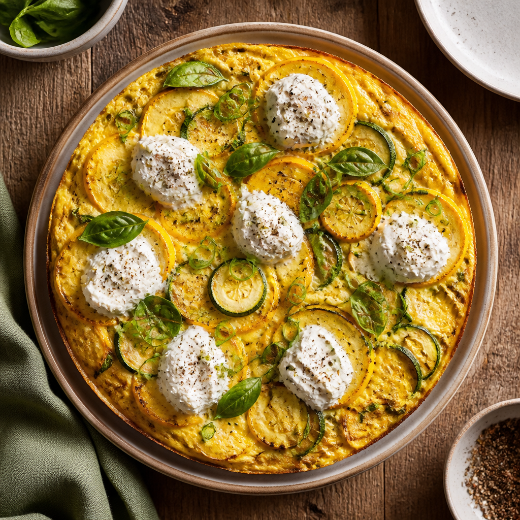 Summer Squash Frittata With Whipped Goat Cheese — Mediterranean Breakfast served and photographed from above